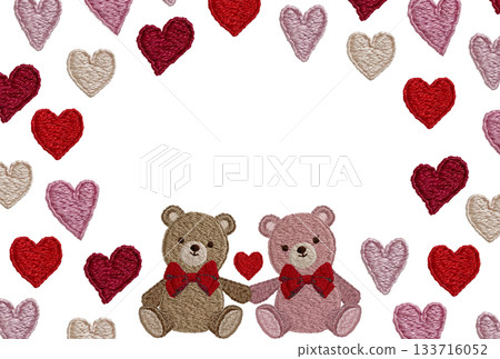[Friendly teddy bears and heart frame] Hand-embroidered illustration material 133716052
