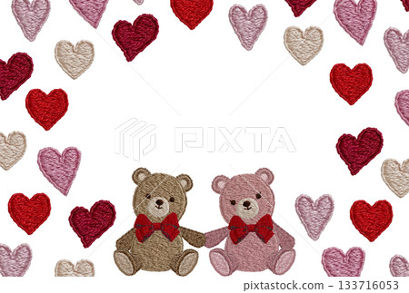 [Friendly teddy bears and heart frame] Hand-embroidered illustration material 133716053