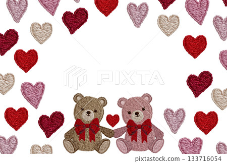 [Friendly teddy bears and heart frame] Hand-embroidered illustration material 133716054
