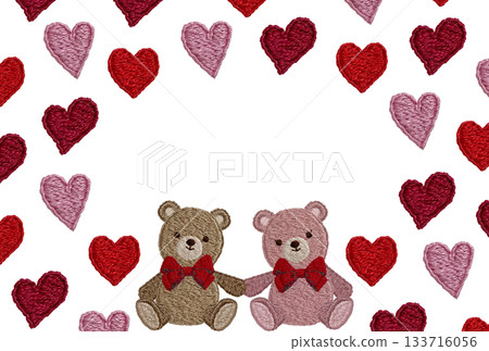 [Friendly teddy bears and heart frame] Hand-embroidered illustration material 133716056