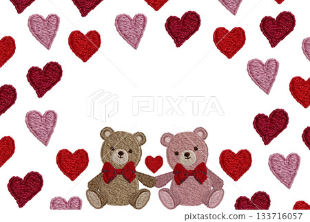 [Friendly teddy bears and heart frame] Hand-embroidered illustration material 133716057