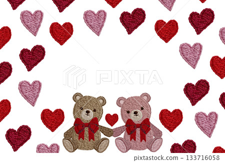 [Friendly teddy bears and heart frame] Hand-embroidered illustration material 133716058