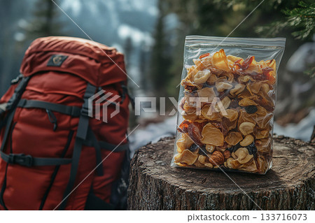 Healthy snacks. Portable food. Freeze-dried fruit and nuts in a transparent zip bag on a tree stump next to red backpack. 133716073