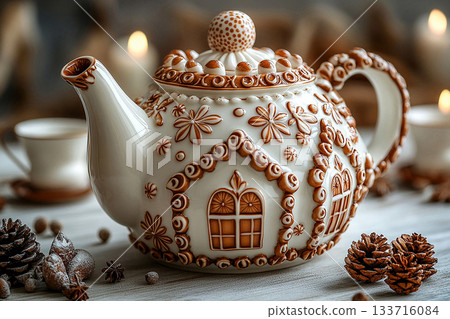 Kitchen staff. Gingerbread house shaped ceramic teapot with lid on a white background. Christmas atmosphere. Kitchen staff. Gingerbread house shaped ceramic teapot with lid on a white background. Christmas atmosphere. 133716084