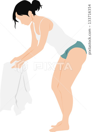 Full-body illustration of a woman in underwear folding laundry 133716354