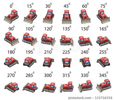 A set of 24 cartoon Bulldozer in isometric. 133716358