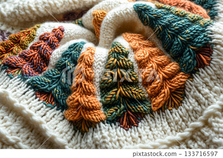 Lighting. Cozy Setup. Crocheted bright Christmas trees on a winter background. Christmas atmosphere. Creative hobby. Lighting. Cozy Setup. Crocheted bright Christmas trees on a winter background. Christmas atmosphere. Creative hobby. 133716597