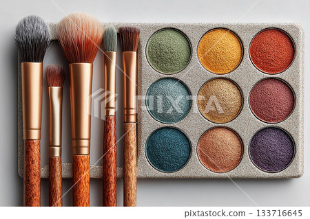 Pastels for spring. Flat lay of makeup brush placed next to a color palette on white background. 133716645