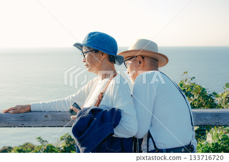 Senior couple looking at the view from the observation deck Senior couple looking at the view from the observation deck 133716720