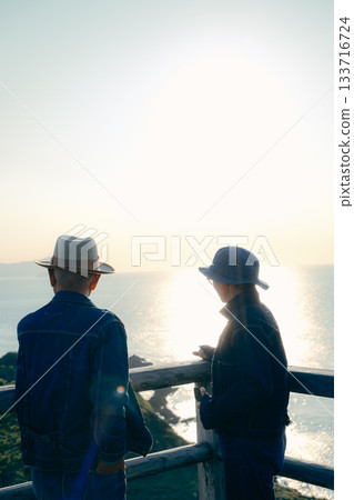 Senior couple looking at the view from the observation deck 133716724