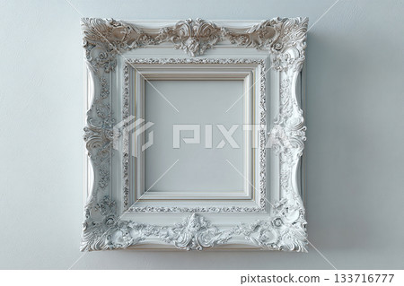 Home design. Picture frame in baroque style. Empty stylish photo frame. Mock up for modern interior and branding. Home design. Picture frame in baroque style. Empty stylish photo frame. Mock up for modern interior and branding. 133716777
