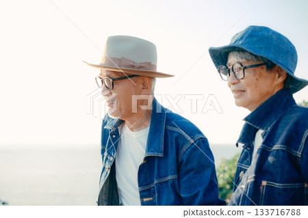 一對老年夫婦在海灘上愉快地交談 一對老年夫婦在海灘上愉快地交談 133716788