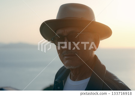 Portrait of a senior man looking out at the sea at sunset Portrait of a senior man looking out at the sea at sunset 133716918