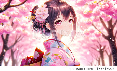 身穿花卉圖案和服、頭戴華麗髮飾的美麗年輕女子,背景是盛開的櫻花。典型的日本春日景象。 身穿花卉圖案和服、頭戴華麗髮飾的美麗年輕女子,背景是盛開的櫻花。典型的日本春日景象。 133716992