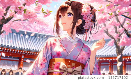 Illustration of a young woman in a kimono looking up at cherry blossoms in full bloom. Image of Japanese spring 133717102