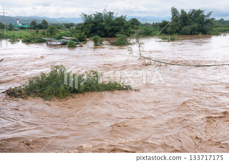Muddy River Overflowing After Heavy Rainfall with Deadwood and Erosion Riverbank in Southeast asian. 133717175