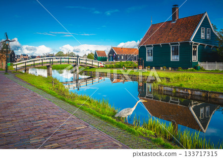 Cozy wooden houses in Zaanse Schans, near Amsterdam, Netherlands, Europe 133717315