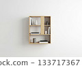 Minimal Wooden Bookshelf on White Wall 133717367