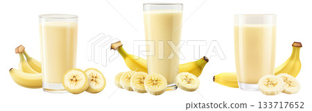 Glass of Korean banana milk smoothie with bananas and slices isolated on white background. Concept of healthy eating Glass of Korean banana milk smoothie with bananas and slices isolated on white background. Concept of healthy eating 133717652