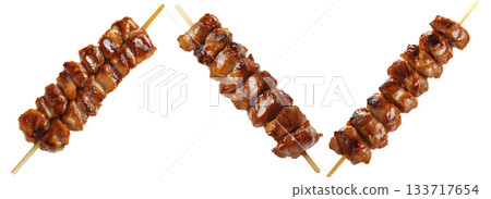 Grilled chicken yakitori skewer with teriyaki glaze or Isaw Filipino street food isolated on white transparent background Grilled chicken yakitori skewer with teriyaki glaze or Isaw Filipino street food isolated on white transparent background 133717654