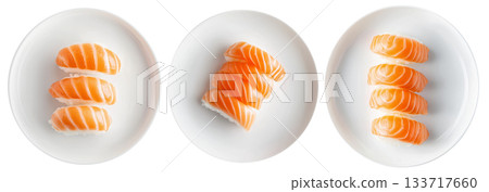 Salmon nigiri sushi arranged neatly on white plate, isolated on white background, concept of Japanese cuisine 133717660