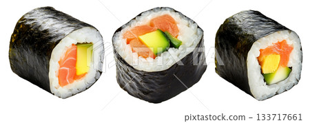 Sushi roll Maki with salmon, avocado, cucumber and rice wrapped in seaweed, isolated on white transparent background 133717661