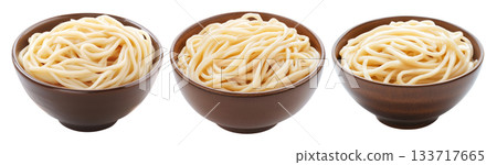 Japanese udon noodles served in light broth, top view and isolated on white background, representing Japanese cuisine Japanese udon noodles served in light broth, top view and isolated on white background, representing Japanese cuisine 133717665