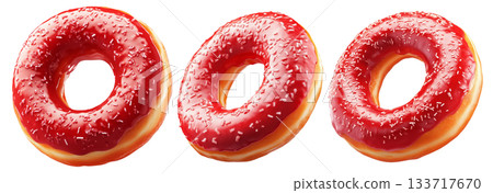 Delicious red glazed donut with chocolate drizzle and sprinkles, isolated on white transparent background 133717670