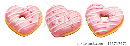 Heart-shaped donut topped with pink icing, white drizzle and small hearts on white transparent background 133717671
