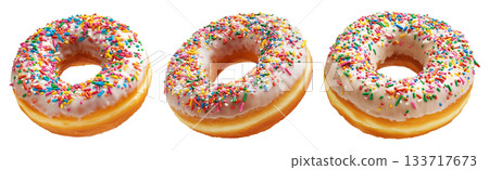 Tasty donut topped with white glaze and colorful sprinkles, isolated on white transparent background 133717673