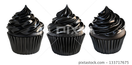 Cupcake with rich glossy black chocolate frosting and black wrapper, isolated on white transparent background 133717675