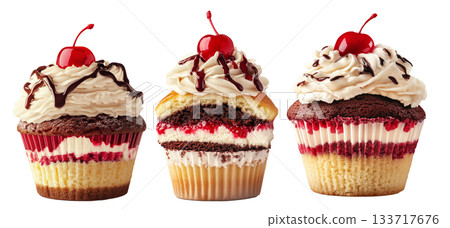 Gourmet cupcake with cream, chocolate drizzle, cherry topping, and layered cake isolated on white transparent background Gourmet cupcake with cream, chocolate drizzle, cherry topping, and layered cake isolated on white transparent background 133717676