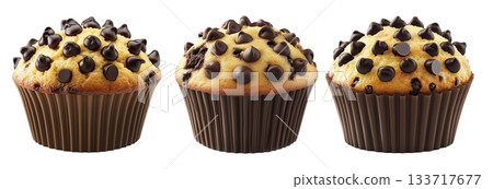 Chocolate chip muffin with golden top and dark wrapper, isolated on white background, concept of sweet food and dessert Chocolate chip muffin with golden top and dark wrapper, isolated on white background, concept of sweet food and dessert 133717677