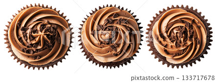Chocolate cupcake topped with creamy swirled frosting and chocolate shavings, isolated on white background Chocolate cupcake topped with creamy swirled frosting and chocolate shavings, isolated on white background 133717678