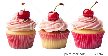 Cupcake with pink swirl frosting and red cherry on top, isolated on white background, concept of dessert treat Cupcake with pink swirl frosting and red cherry on top, isolated on white background, concept of dessert treat 133717679