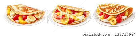 Delicious folded pancake filled with banana slices, raspberries, and cream, isolated on white transparent background 133717684