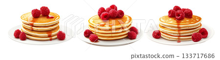 Stack of golden pancakes topped with raspberries and syrup, isolated on white background, concept of breakfast sweetness 133717686