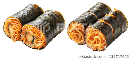 Korean gimbap Kimmari rolls filled with noodles, vegetables, and rice, garnished with sesame seeds, isolated on white 133717693