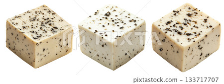 Cubes of seasoned tofu with visible herbs and spices, arranged in stack isolated on white transparent background Cubes of seasoned tofu with visible herbs and spices, arranged in stack isolated on white transparent background 133717707