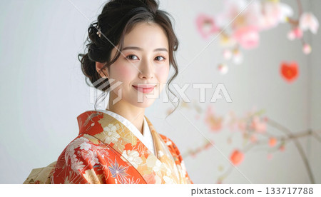 Studio shot of a natural smile of a woman wearing a gorgeous furisode 133717788