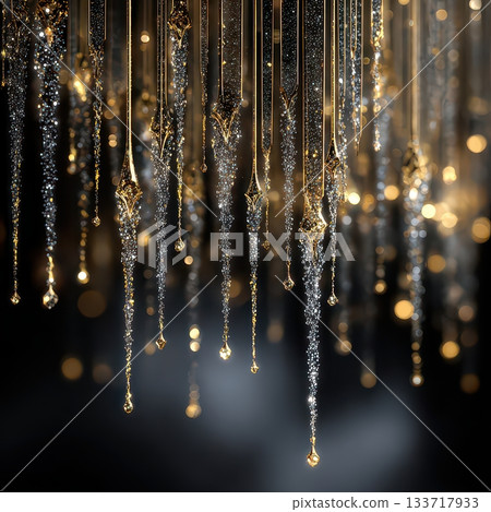 Shimmering Golden and Silver Drops on Dark Background with Bokeh 133717933
