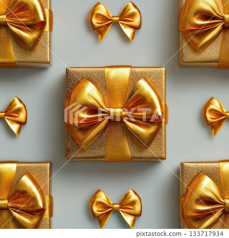 Golden Gift Boxes with Bow Ties on Light Background for Celebrations 133717934