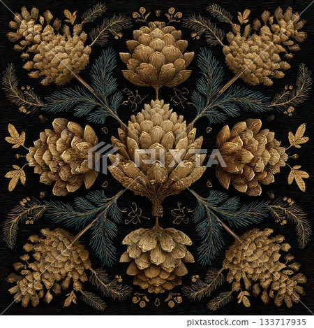 Detailed Floral Pattern Design with Artichokes and Pine Elements 133717935