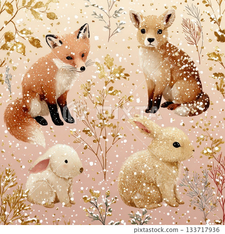 Cute Forest Animals with Snow and Floral Background Illustration 133717936