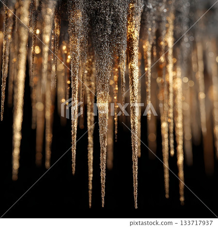Stunning Close-Up of Glittering Icicles Hanging in Warm Light Stunning Close-Up of Glittering Icicles Hanging in Warm Light 133717937