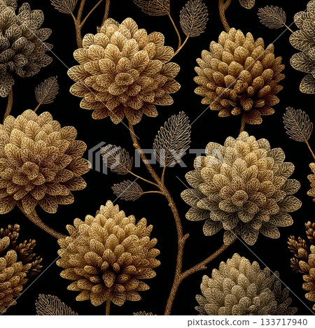 Detailed Floral Pattern Design with Golden Blooms on Black Background Detailed Floral Pattern Design with Golden Blooms on Black Background 133717940