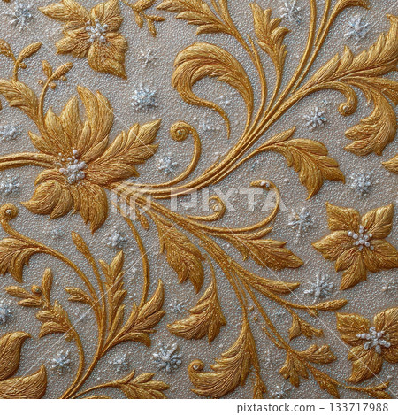 Elegant Golden Floral Design on Textured Silver Background 133717988