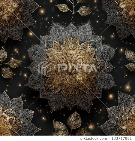 Intricate Gold Mandala Pattern with Leaves on Dark Background Intricate Gold Mandala Pattern with Leaves on Dark Background 133717991