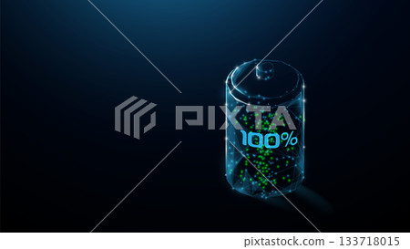 Battery charge icon. Battery electrical energy and power concept. Polygonal and wireframe glowing style 133718015