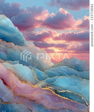Ethereal Sunset Over Colorful Abstract Mountain Landscape Art Ethereal Sunset Over Colorful Abstract Mountain Landscape Art 133718082